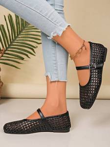 Zapatos planos de ballet tejidos con diseño hueco para mujer, con correa de hebilla, punta redonda, de cuero PU, suela suave, para el hogar, regalo para el Día de la Madre - Product Image 4