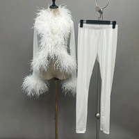 Party Club Sexy Mesh Sets Custom Elastic 2Piece Set Femmes avec Fluffy Autruche Feather