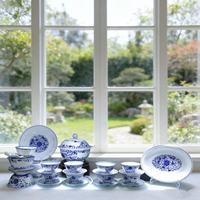 Service de table de luxe en porcelaine osseuse chinoise bleue et blanche de 58 pièces - Assiettes et bols en porcelaine pour la maison et la restauration