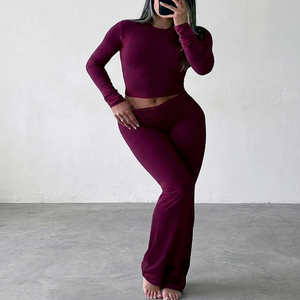 Women's Solid Color Thermal <b>Flared</b> High Waist Full Length Seamless Stretch Knit <b>Leggings</b> Gym Casual Lounge Wear - Product Image 1