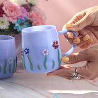 Mug en verre bleu 3D fait main avec poignée, motif floral en relief, tasse à boire mignonne pour café, lait, thé