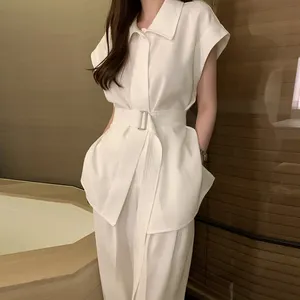 Vente en gros 2024 été Style français à lacets taille chemise blanche taille haute jambe large pantalons décontractés ensemble pour femmes