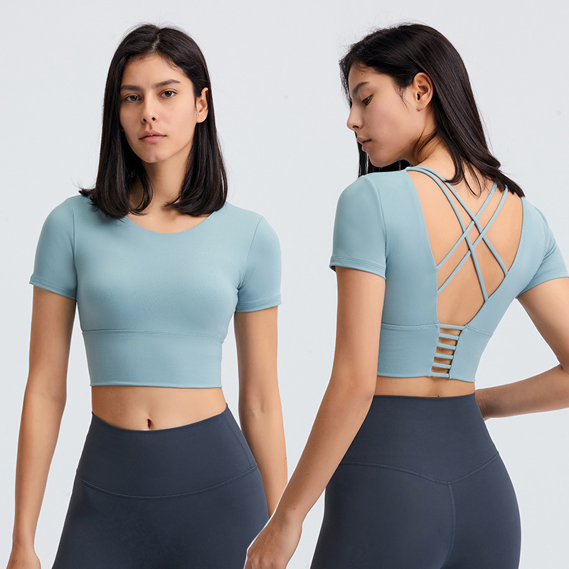 Women Quick-dry Gym Shirt Back Cross Sports Short Sleeve Plain Slim Fit Yoga Crop Top