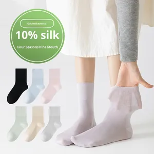 Medias de Seda de Morera para Mujer, Cuatro Estaciones, Medias hasta la Pantorrilla, Sin Costuras, Finas, con Patrón Sólido, Antibacterianas, Transpirables, para Maternidad, Primavera - Product Image 1