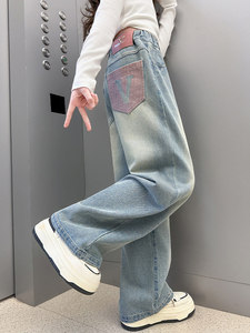 <span class=keywords><strong>Jeans</strong></span> Primaverili e Autunnali per Ragazze, Pantaloni a Gamba Larga con Vita Elastica in Morbido Cotone, Stile Coreano Trendy e Vestibilità Comoda - Product Image 2