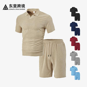 Conjunto de Polo a Rayas Transpirable de Verano para Hombre, Estilo Europeo Americano, Azul Marino, Poliéster, Ropa Deportiva Informal - Product Image 3