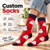 Chaussettes rouges mi-mollet avec imprimé jacquard fantôme mignon, bordure rayée, tricot doux, chaussettes personnalisées pour cadeaux d'Halloween