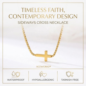 <b>Sideways</b> <b>Cross</b> <b>Necklace</b> | 18K PVD Gold Plated Stainless Steel Box Chain <b>Cross</b> Pendant | Waterproof Hypoallergenic & Tarnish Free - Product Image 1