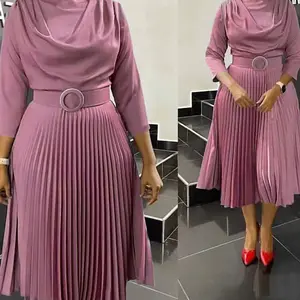 New Women Office African Plus Size Solid Color Pleated Midi Elegant Casual Party Ladies Wear Abaya Women Muslim Crew Neck Dress