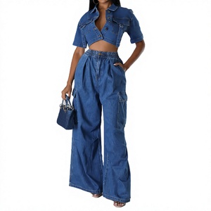 Nouvel ensemble deux pièces en jean de coton style cargo, élégant et sexy, respirant, pour femmes et jeunes filles, style streetwear, vente en gros - Product Image 1
