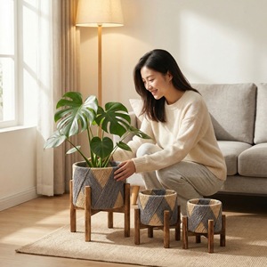 Support <span class=keywords><strong>de</strong></span> Plantes Luxe Moderne Nordique, Présentoir en Rotin Tressé et <span class=keywords><strong>Bois</strong></span> Massif pour Jardinières et Pots <span class=keywords><strong>de</strong></span> Fleurs d'Intérieur et d'Extérieur - Product Image 4