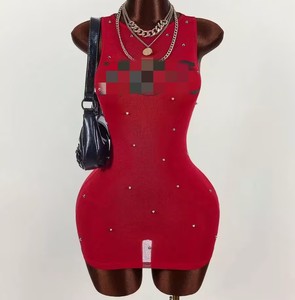 Kadın Modası Baskılı Dar Kesim Esnek Kolsuz <span class=keywords><strong>Mini</strong></span> Elbise Seksi Vücuda Oturan Bel Bandajlı Elbise - Product Image 3