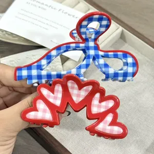 YJL NOVO Prendedor de Cabelo em Cor Creme Estilo Rústico Design em Xadrez Vermelho e Azul Prendedores de Cabelo em Acrílico Acessórios para Mulheres e Meninas - Product Image 1