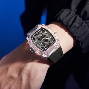 2024 Silikon-Gummiband-Quartzuhren leuchtend wasserdicht Armbanduhr Herren Kunststoff durchsichtiges Hülle Tonneau-Uhr