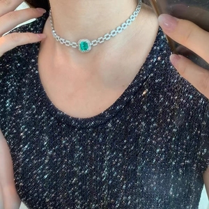 Octagonal Frame Lab Emerald Paperclip Link Choker 14K White Gold Paved Diamond Evening <b>Statement</b> <b>Necklace</b> - Product Image 1