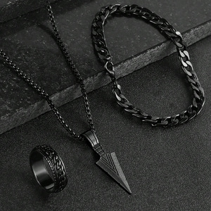 3Pcs Set Punk Hip Hop Metal Arrowhead Pendant Jewelry Set <b>Adjustable</b> Sturdy Cuban Chain <b>Ring</b> Bracelet Necklace Set - Product Image 1