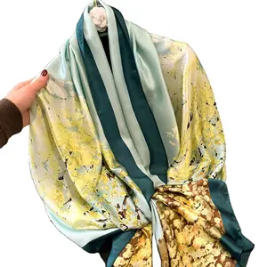 100% Silk Scarves Printing Service Designer foulard Women Long Custom Buff Silk Scarf For Muslim Satin Hijab