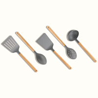 Utensilios de Cocina, Juego de 5 Piezas de Nylon y Madera con Espátula Resistente al Calor, Cucharas y Cucharón para Sopa
