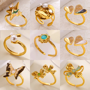 Anillo Abierto Ajustable de Acero Inoxidable con Baño de Oro de 18K, con Mariposa, Estrella, Corazón, Perla y Circonita, Joyería de Moda para Mujer - Product Image 2