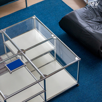 Table basse modulaire convertible minimaliste avec cadre chromé et plateau en verre trempé, rangement multi-niveaux pour salon et maison
