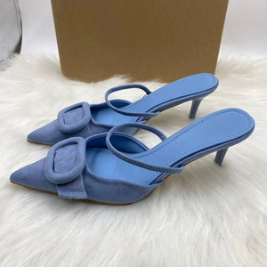 Sandalias de tacón azules de verano para mujer con punta, estilo de moda sin talón con hebilla cuadrada de ante sintético y una sola tira - Product Image 2