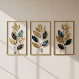 3 pièces d'art mural moderne en métal doré, sculpture murale en forme de branche de feuille peinte en vert-bleu et or, plaque décorative - Product Image 1