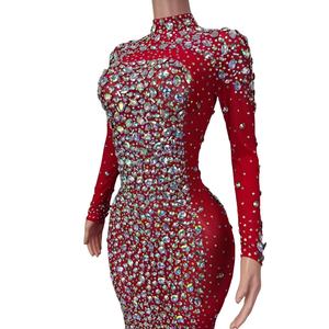 Abito da ballo di cristallo a maniche lunghe di lusso rosso che le donne indossano abito lungo da ballo Plus Size signore Sexy diamanti abiti da sera da sera - Product Image 5