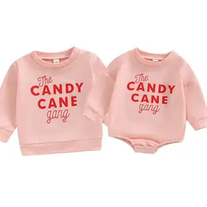2023 baju Natal bayi perempuan Pink permen tongkat Crewneck Jumper Sweater gelembung Romper atau Sweatshirt untuk Natal