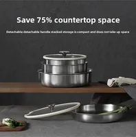 Ensemble d'ustensiles de cuisine en acier inoxydable avec poignée amovible, antiadhésif, casseroles, poêles, wok, empilable, compatible induction, pour camping et maison