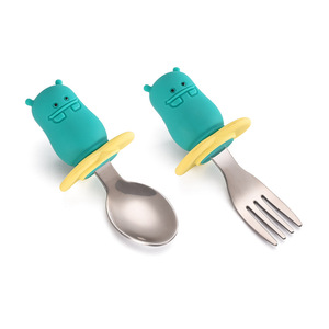 어린이 아기 스테인레스 스틸 쇼트 스푼과 포크 트레이닝 식기 실리콘 쇼트 핸들 포크와 스푼 - Product Image 5