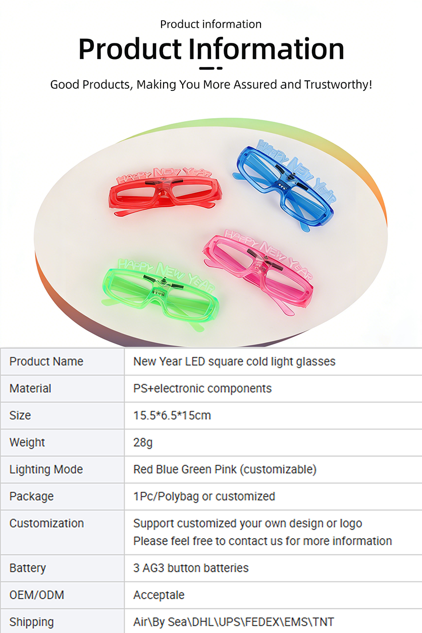 Durable Eco-Friendly Hot Selling 2025 New Year LED Square Cold Light Glasses 3 Modes + Customizable Colors Fast Delivery for