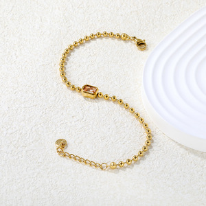 Fine <b>Beaded</b> <b>Necklace</b> Gold Ball Chain Rectangular Zircon Pendant Women's Everyday Wear Jewelry - Product Image 4