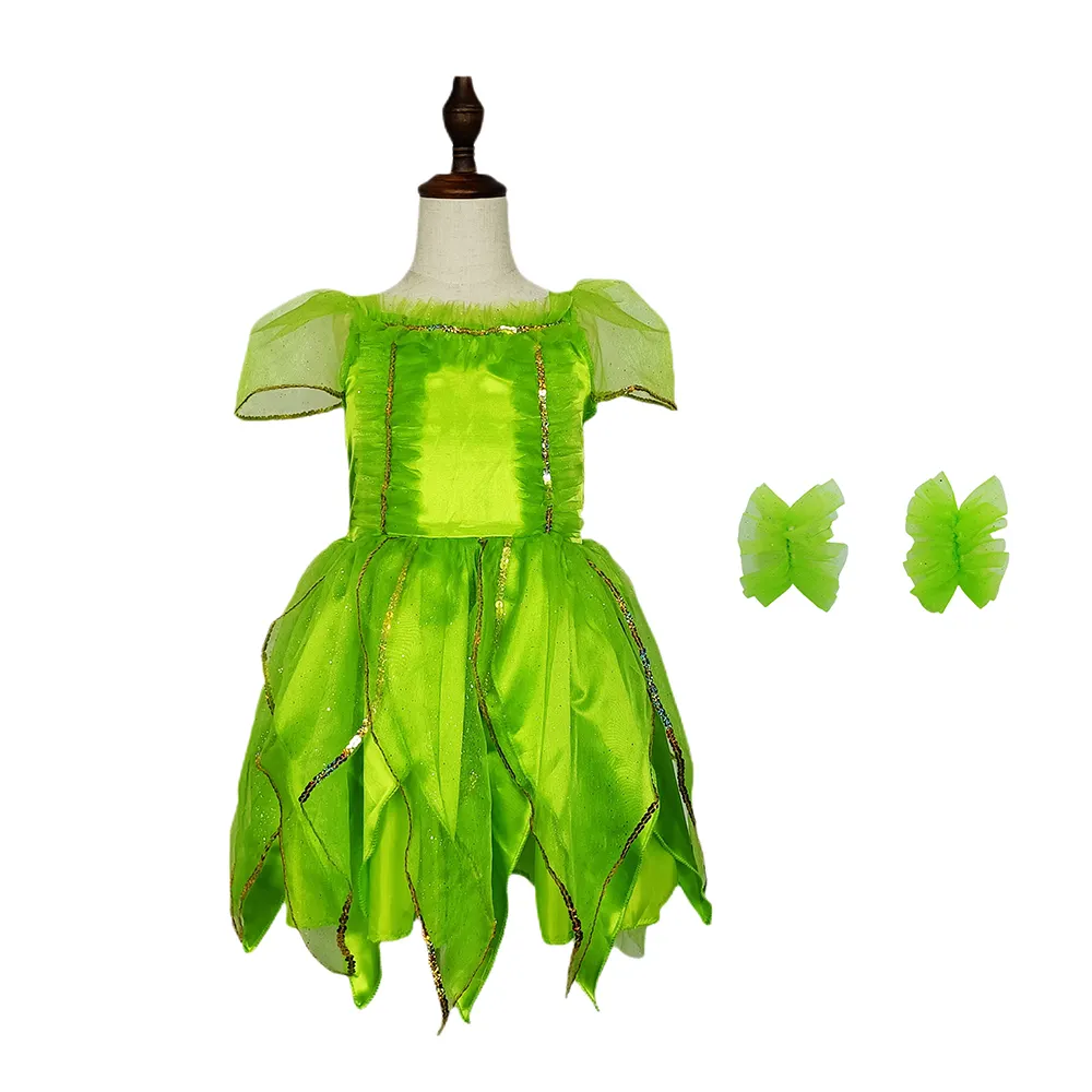 Vestido verde para niñas, falda con borde de loto, falda decorada con lentejuelas, disfraz de baile para niños