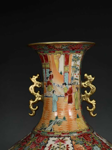 Jarrones Jingdezhen Guangcai con Asa <span class=keywords><strong>de</strong></span> Dragón Dorado, Medallón <span class=keywords><strong>de</strong></span> Rosa <span class=keywords><strong>China</strong></span>, Jarrones <span class=keywords><strong>Canton</strong></span> <span class=keywords><strong>de</strong></span> Pie, Impresionantes Jarrones Chinos Famille Rose - Product Image 5