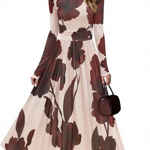 Robe longue élégante à imprimé floral pour femme, manches longues, coupe trapèze ample, taille empire, collection Printemps/Été, vente en gros - Product Image 3