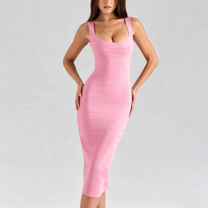 Vestido Midi Bandage Preto e Rosa Bodycon com Decote Quadrado e Listras para Mulheres, Vestido Casual para Festas, Casamentos e Coquetéis, Elegante - Product Image 4