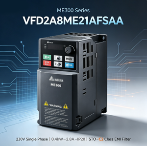 ไดรฟ์ปรับความถี่ ME300 รุ่น VFD2A8ME21AFSAA 230V เฟสเดียว 0.4kW 2.8A MODBUS RS485 STO สำหรับสายพานลำเลียงขนาดเล็ก ความน่าเชื่อถือสูง - Product Image 1