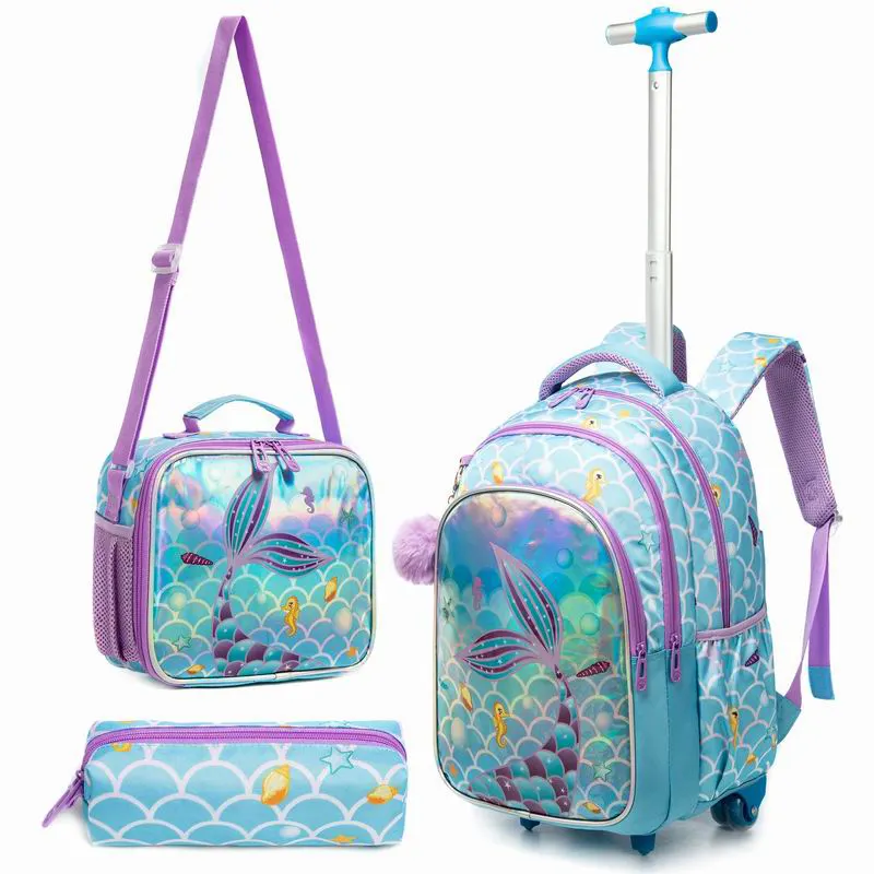 Jasminestar Rolling Backpack for Girls Mochila com Rodas Lunch Box e Pencil Bag Comprimento ajustável Sequins rodas Mochila para a escola