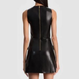 Vestido Mini Elegante Negro sin Mangas de Piel Sintética para Mujer, Vestido Ajustado con Cuello Redondo y Detalle de Bolsillo Decorativo - Product Image 2