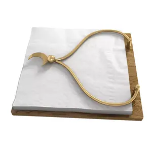 Pafu Eid Mubarak Moon Gold Tissue Box with Wood Base Home Decor Muslim Dinner Table Top Napkin Holder