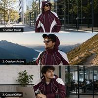 Veste coupe-vent bordeaux pour homme en nylon avec bandes réfléchissantes, blocs de couleur, capuche zippée, coupe ample, légère, respirante, style streetwear, personnalisable OEM