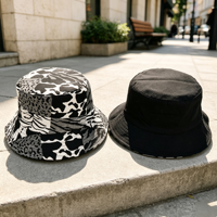 Topi Bucket Katun Reversibel Motif Leopard dan Kulit Sapi Patchwork untuk Wanita, Pinggiran Lebar, Portabel, Logo Custom, Grosir, Topi Pelindung Matahari