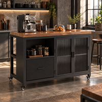 Îlot de cuisine en acier de style commercial avec rangement, dessus imitation bois, tiroir, étagère pour appareils électroménagers et roulettes verrouillables