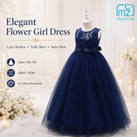 Robe de demoiselle d'honneur en tulle et dentelle bleu marine pour filles, robe de soirée sans manches en satin avec nœud pour enfants, OEM ODM personnalisé, vente en gros