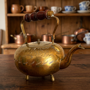 Vintage Brass Tea <b>Kettle</b> With Wooden Handle And Lid Water Pot Metal Design - Product Image 4