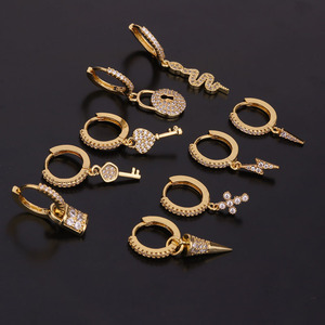 Gold Key <strong>Lightening</strong> Cross Spike Snake Small Pendant CZ Hoop Dangle <strong>Earring</strong> Cartilage Lobe Piercing Jewelry Piercing <strong>Earrings</strong> - Product Image 2