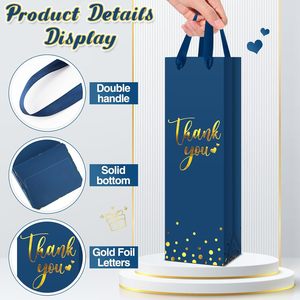 Borsa Regalo Blu per Bottiglia di Vino con Manico, Sacchetto di Carta per Liquori, Borsa Kraft con Stampa in Lamina d'Oro per Whisky, Ideale per Matrimoni - Product Image 4