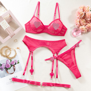 <span class=keywords><strong>Ensemble</strong></span> de Lingerie Sexy pour Femme avec Strass Cœur, Soutien-Gorge Évidé, <span class=keywords><strong>Porte</strong></span>-Jarretelles, Combinaison en Maille Transparente, 2 Pièces ou 4 Pièces, Vente en Gros, Personnalisation OEM - Product Image 6