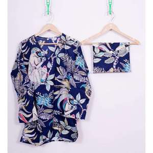 Ensemble pyjama 2 pièces pour femme en coton tissé à imprimé floral, très demandé, taille élastique, col en V, manches longues, respirant, décontracté, automne - Product Image 2