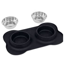 कुत्ते के कटोरे के साथ स्टेनलेस स्टील के पानी और खाद्य फीडर के लिए गैर फैल स्किड प्रतिरोधी सिलिकॉन चटाई पालतू जानवर पिल्ला छोटे मध्यम कुत्तों - Product Image 2